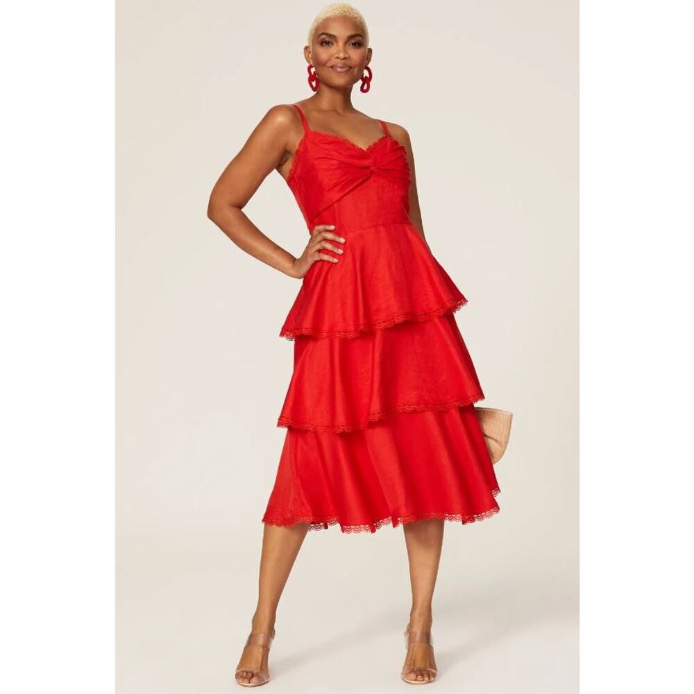 Marchesa Red Tiered Midi Dress